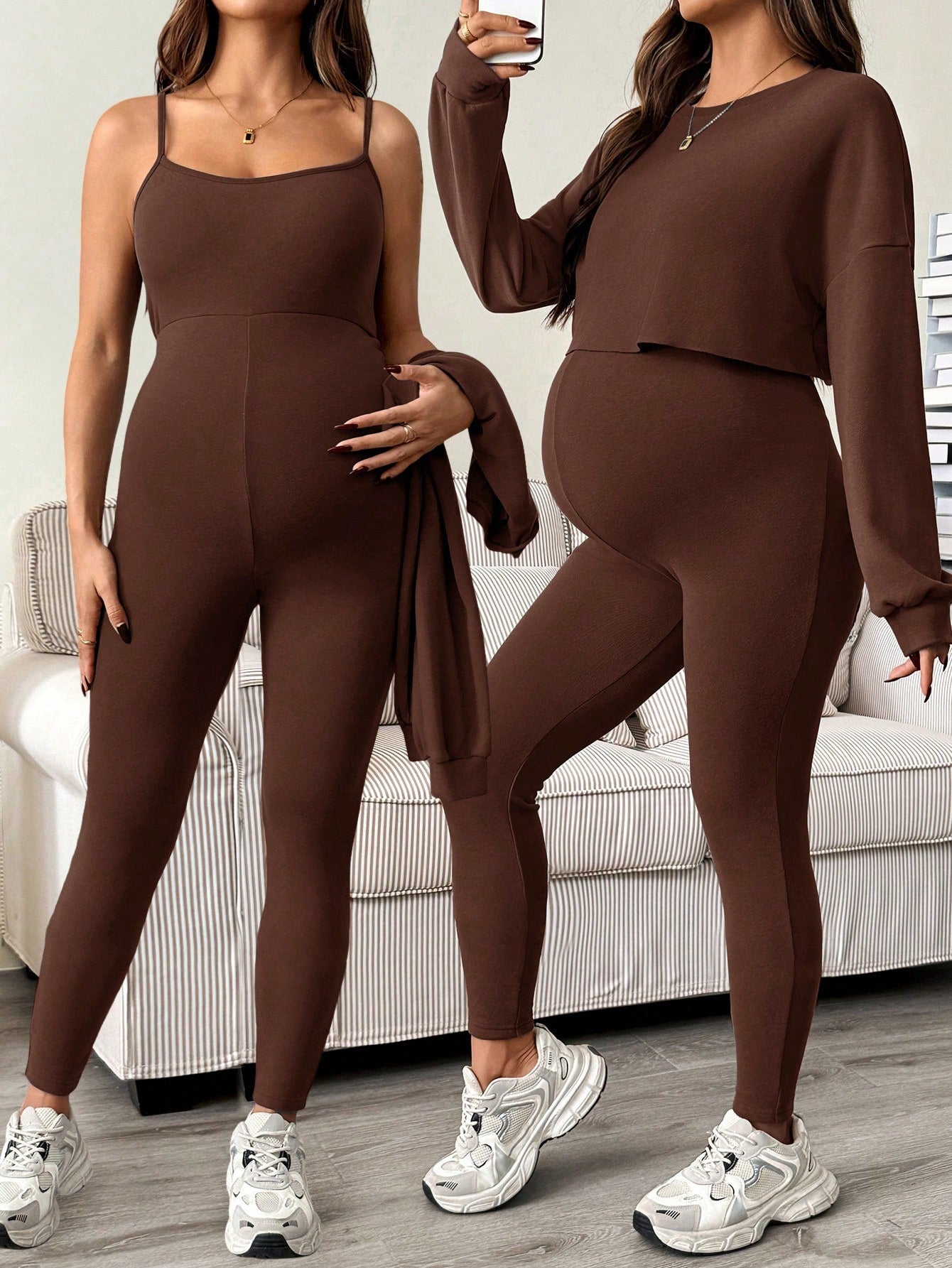 Maternity Sleeveless Jumpsuit & Long Sleeve Top Set Coffee Brown