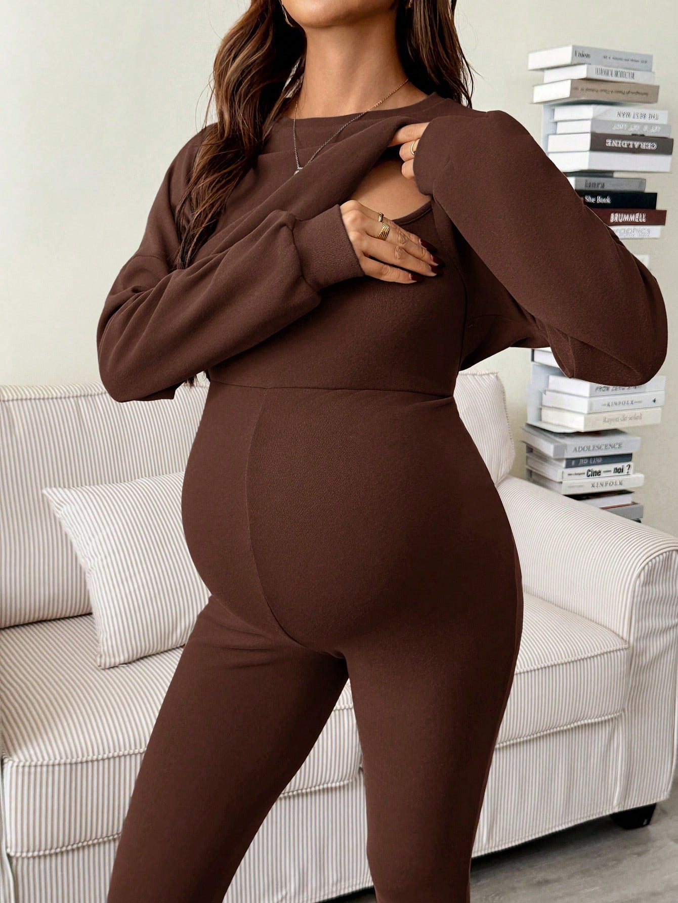 Maternity Sleeveless Jumpsuit & Long Sleeve Top Set Coffee Brown