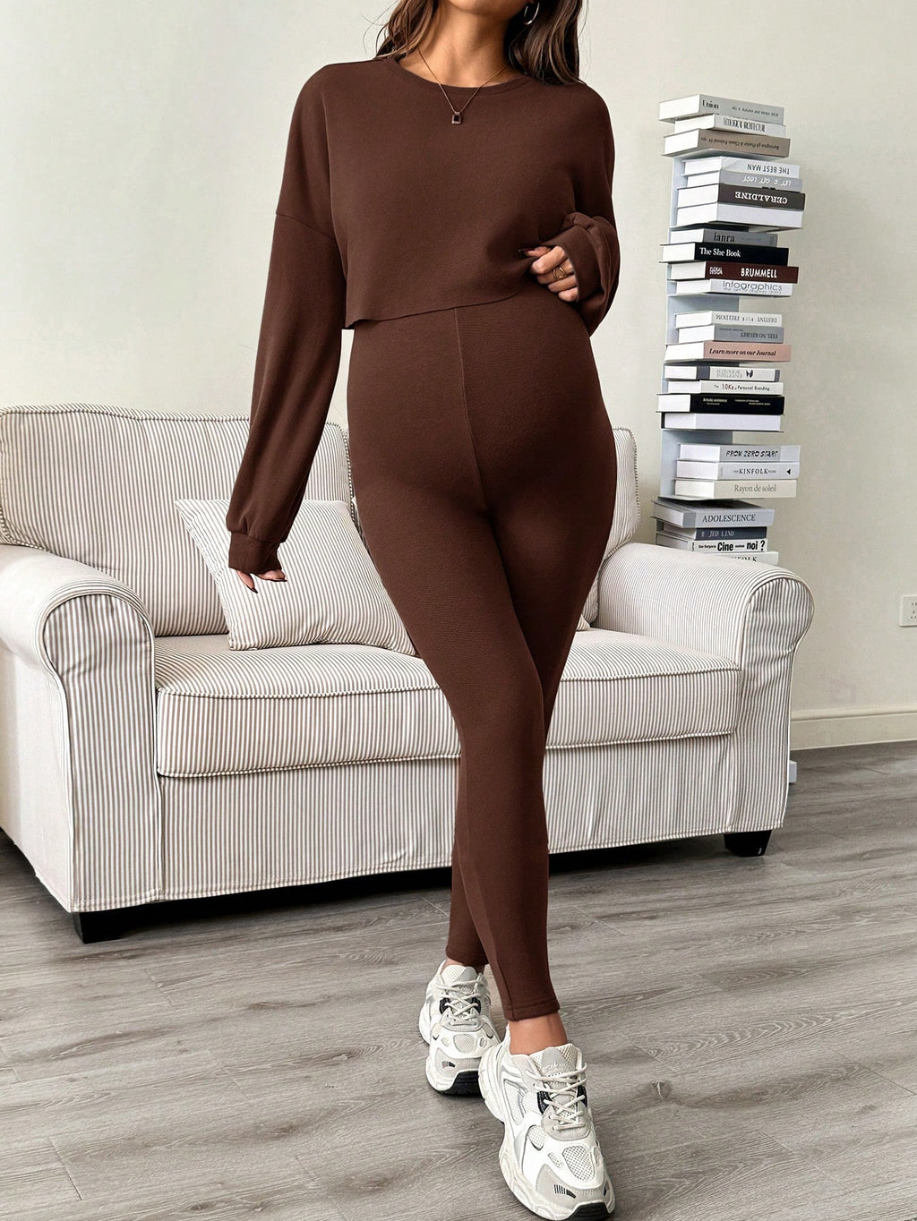 Maternity Sleeveless Jumpsuit & Long Sleeve Top Set Coffee Brown