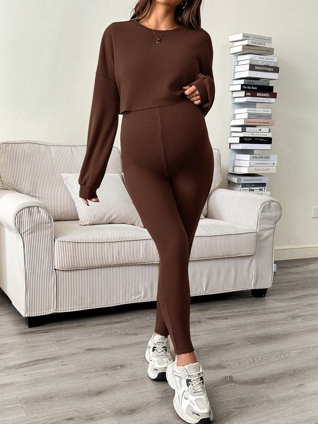 Maternity Sleeveless Jumpsuit & Long Sleeve Top Set Coffee Brown