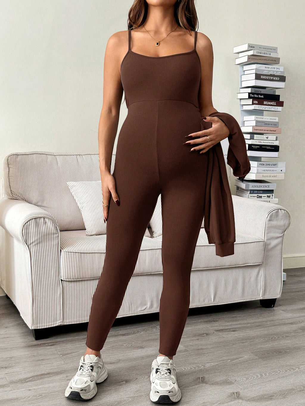 Maternity Sleeveless Jumpsuit & Long Sleeve Top Set Coffee Brown