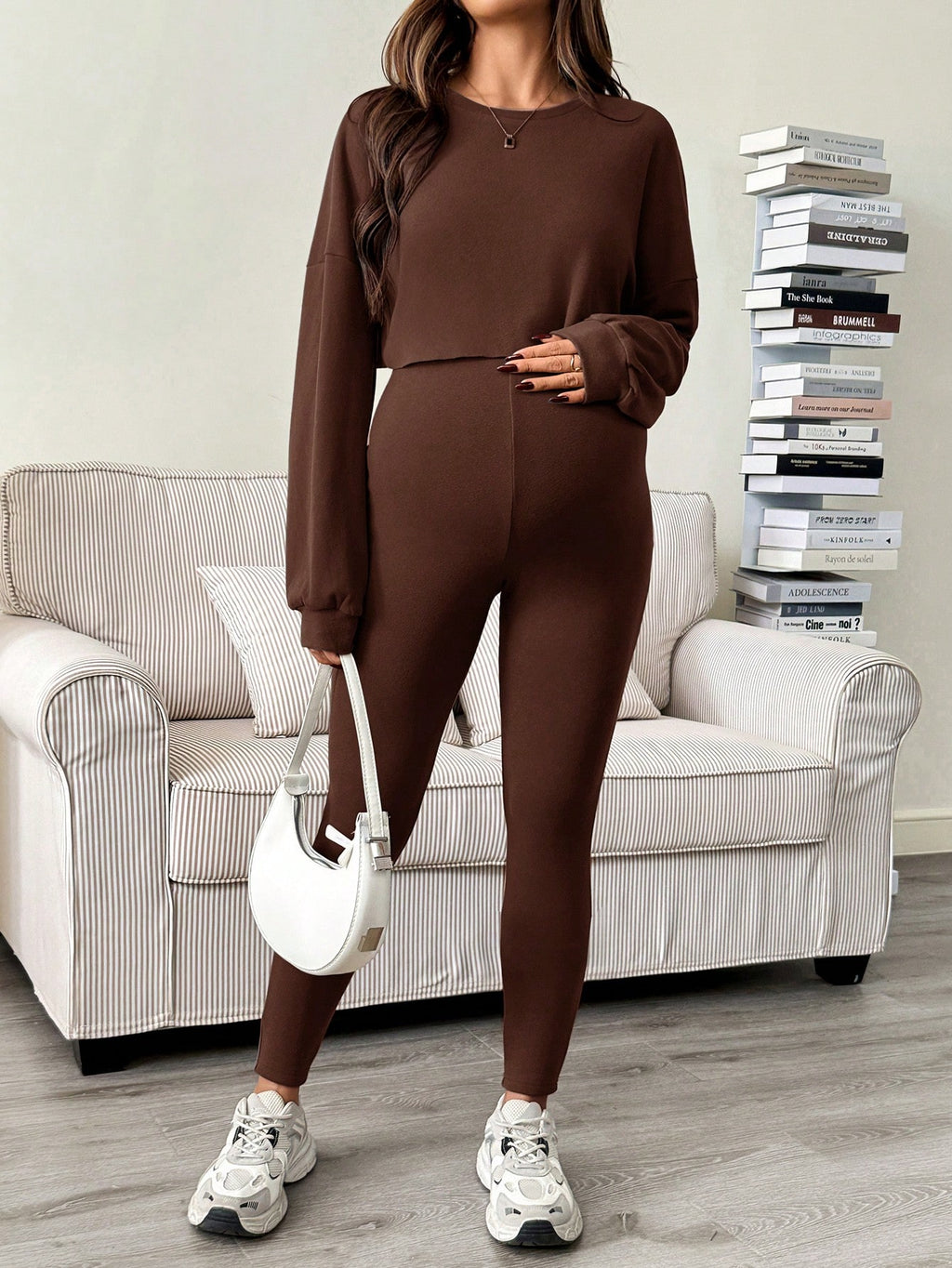 Maternity Sleeveless Jumpsuit & Long Sleeve Top Set Coffee Brown