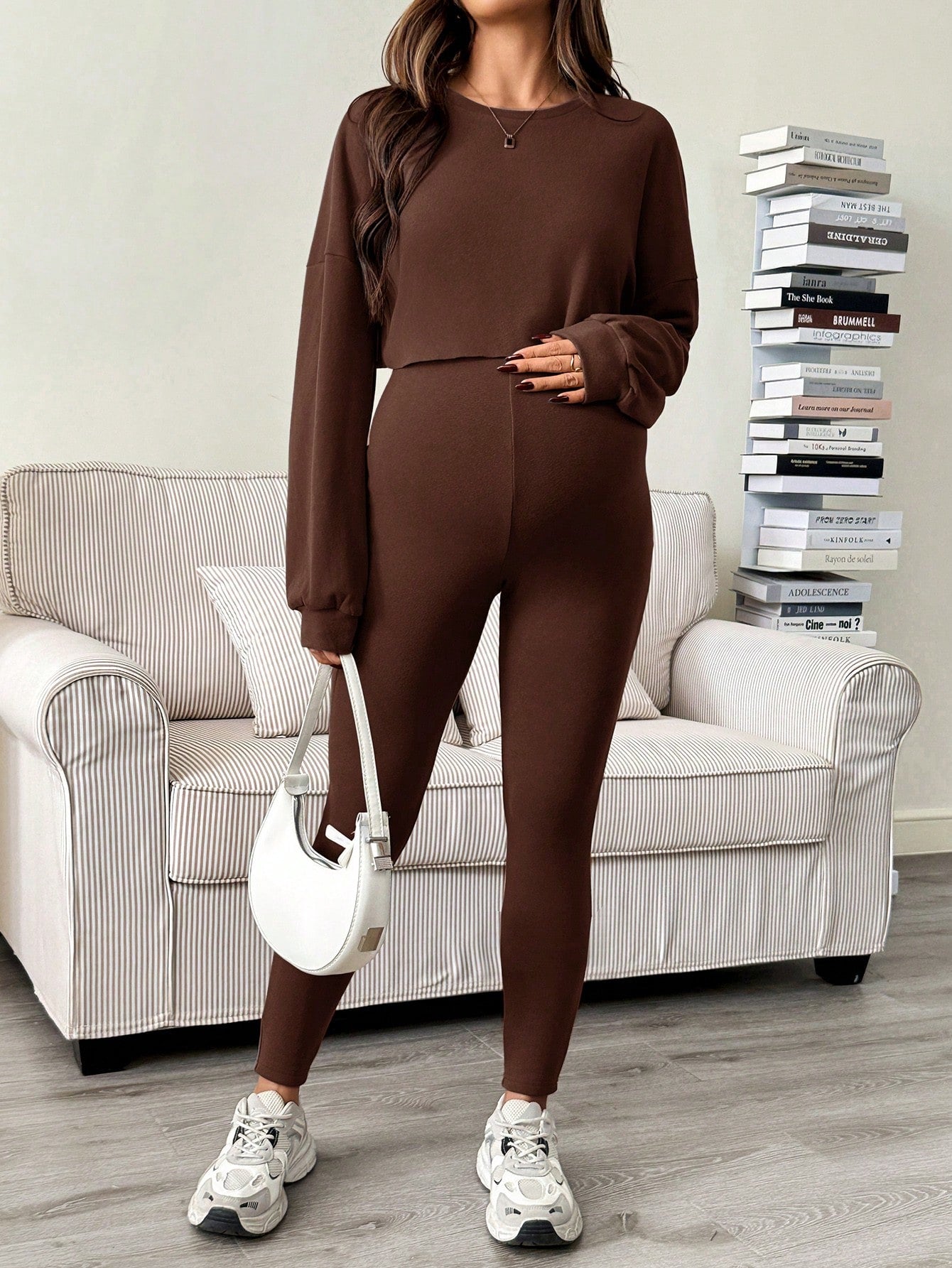 Maternity Sleeveless Jumpsuit & Long Sleeve Top Set Coffee Brown