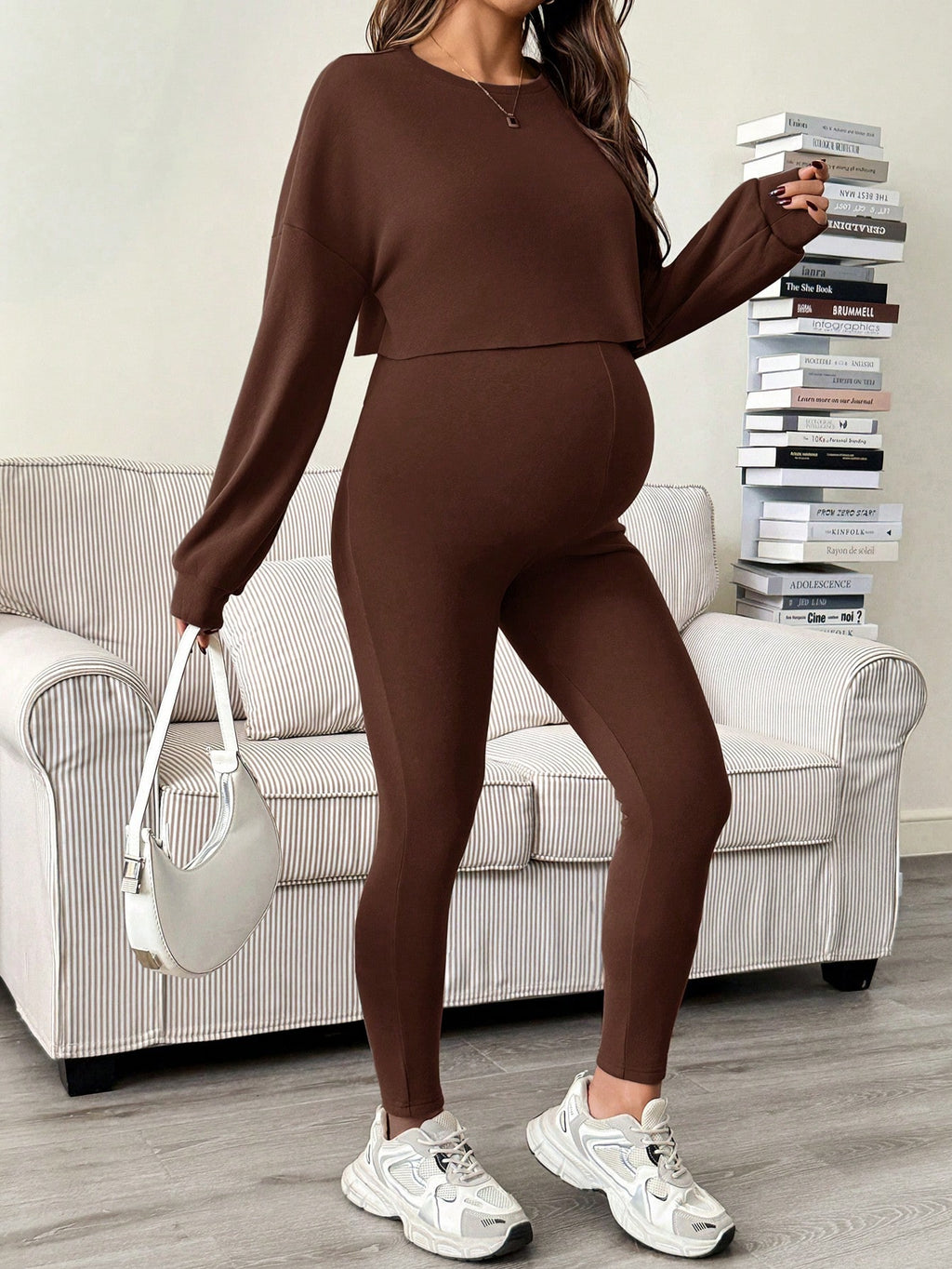 Maternity Sleeveless Jumpsuit & Long Sleeve Top Set Coffee Brown