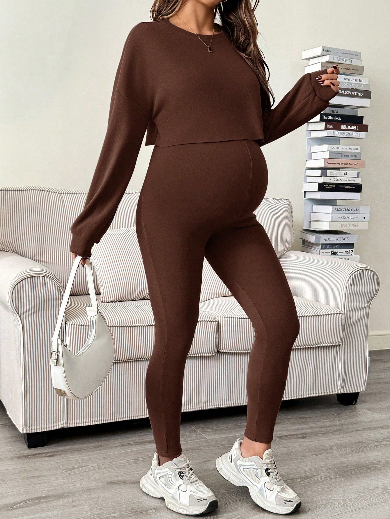 Maternity Sleeveless Jumpsuit & Long Sleeve Top Set Coffee Brown