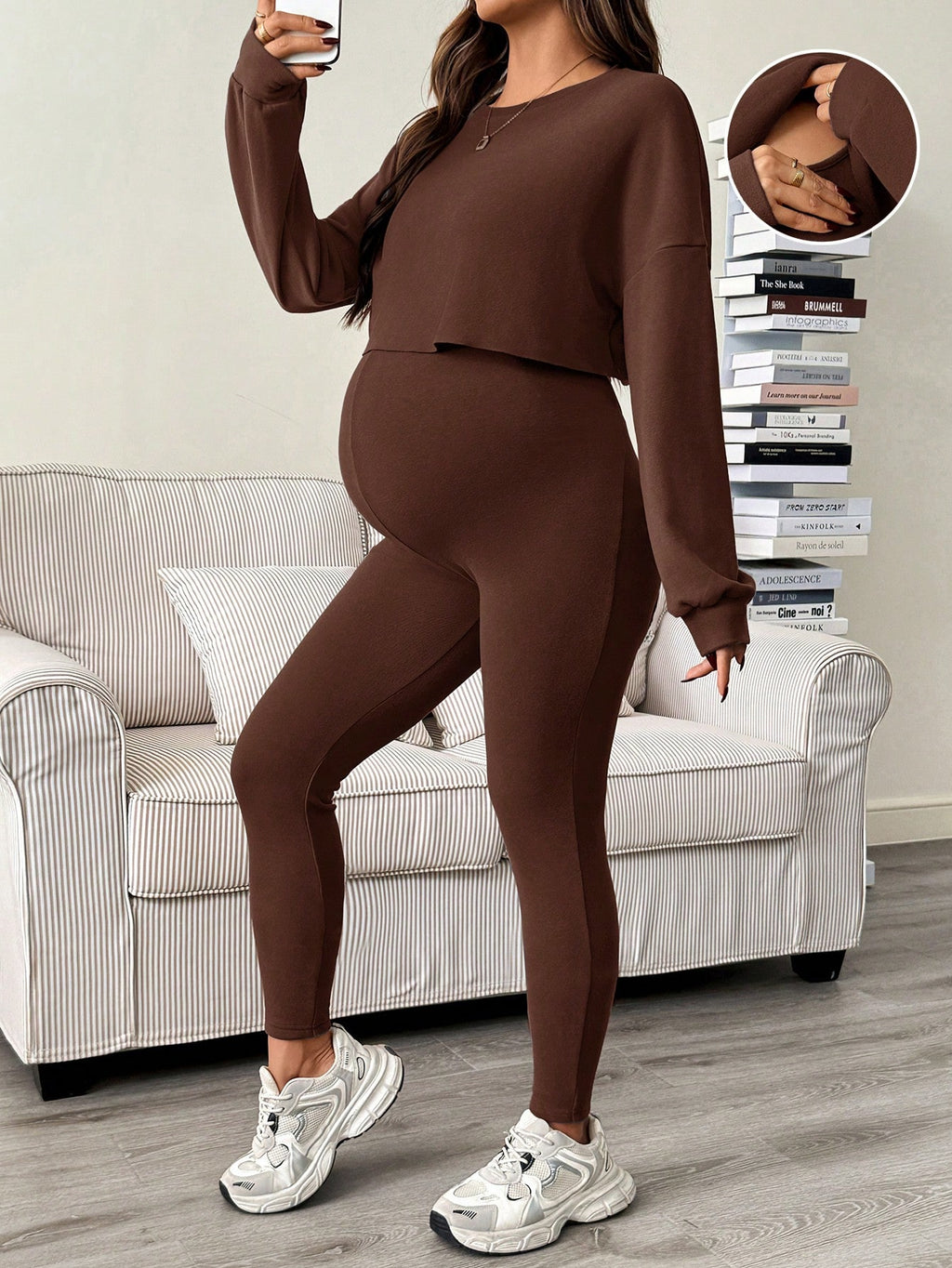 Maternity Sleeveless Jumpsuit & Long Sleeve Top Set Coffee Brown