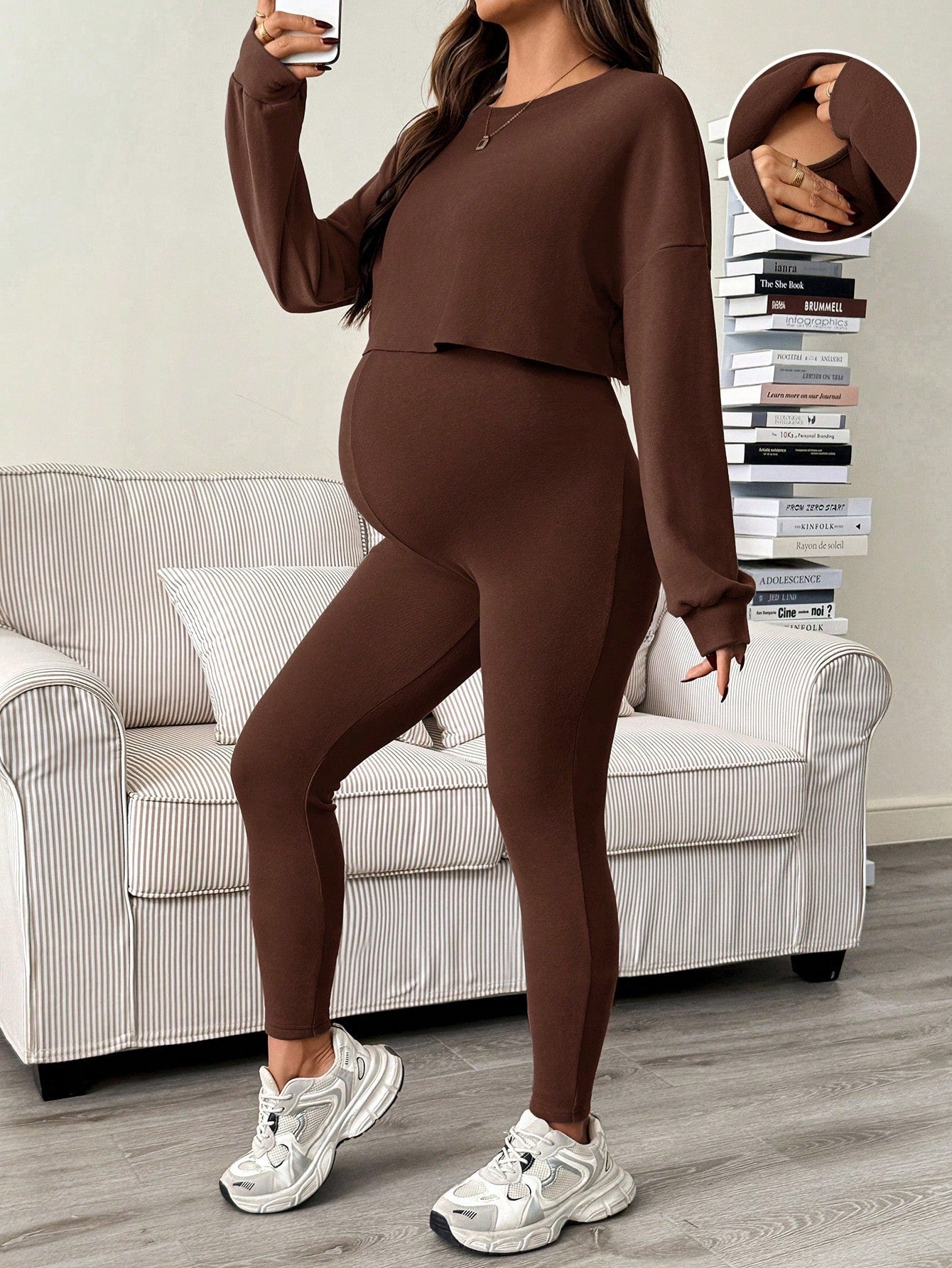 Maternity Sleeveless Jumpsuit & Long Sleeve Top Set Coffee Brown