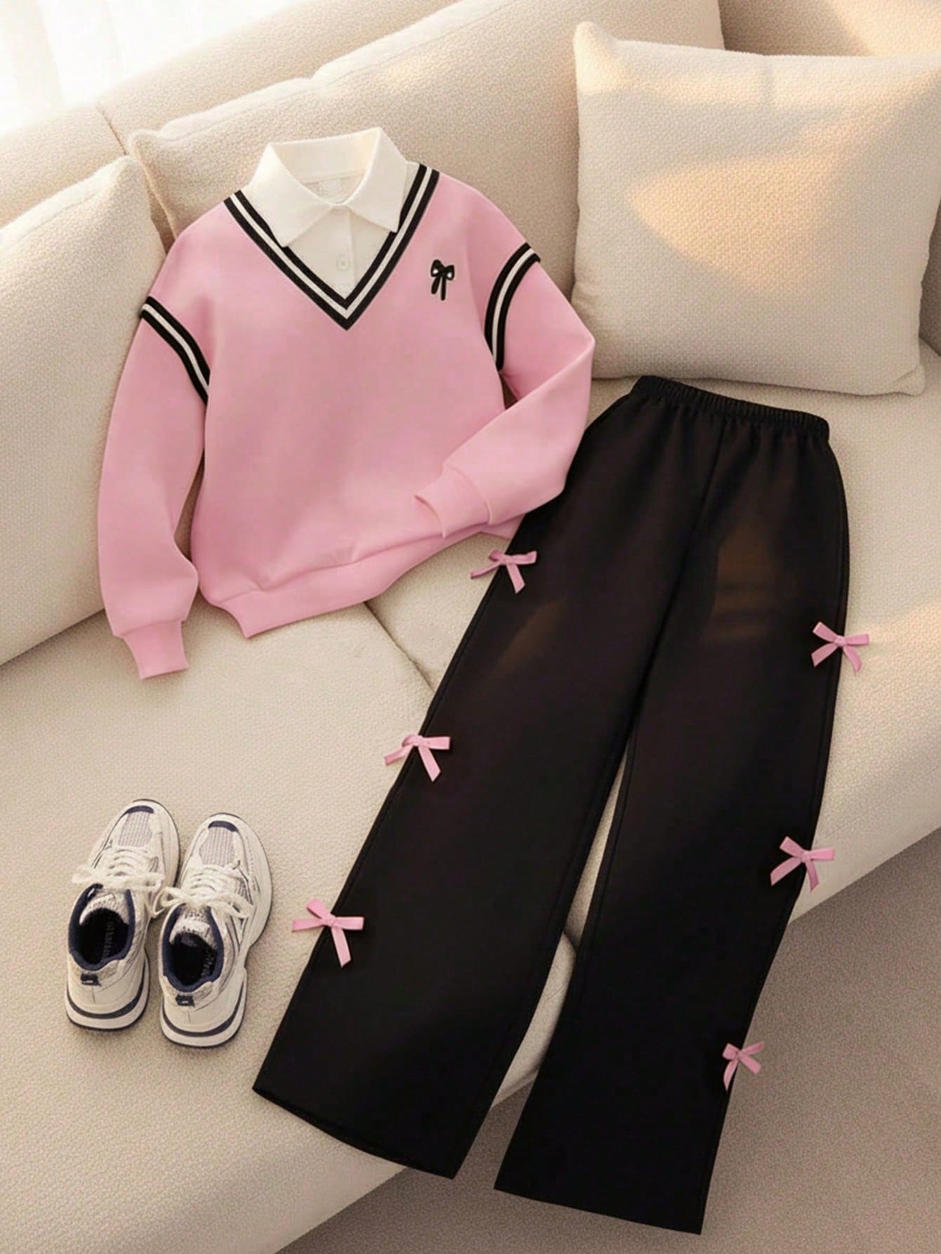 Tween Girls 2pcs/Set Round Neck Casual Everyday Commute School Style 2 In 1 Sweatshirt And Loose Wide-Leg Sweatpants Set, Spring/Autumn, Comfortable Pink