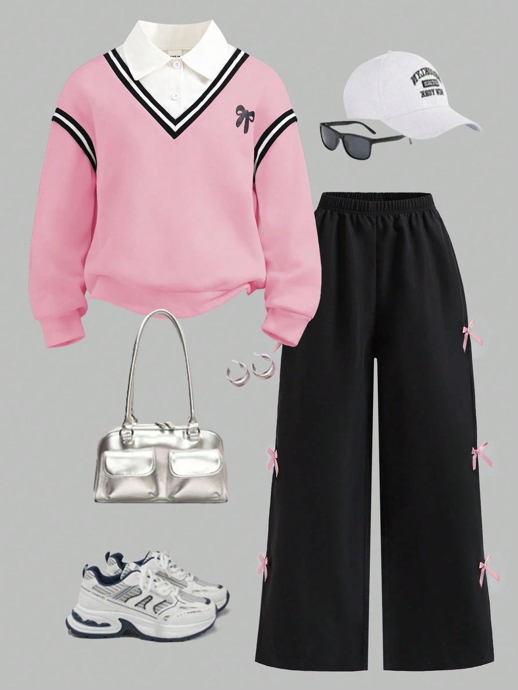 Tween Girls 2pcs/Set Round Neck Casual Everyday Commute School Style 2 In 1 Sweatshirt And Loose Wide-Leg Sweatpants Set, Spring/Autumn, Comfortable Pink