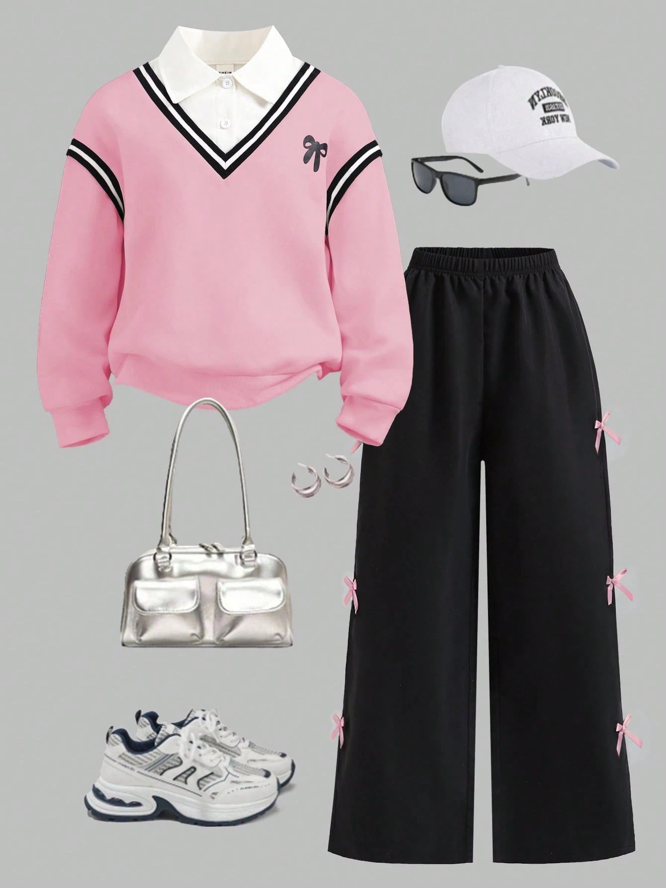 Tween Girls 2pcs/Set Round Neck Casual Everyday Commute School Style 2 In 1 Sweatshirt And Loose Wide-Leg Sweatpants Set, Spring/Autumn, Comfortable Pink