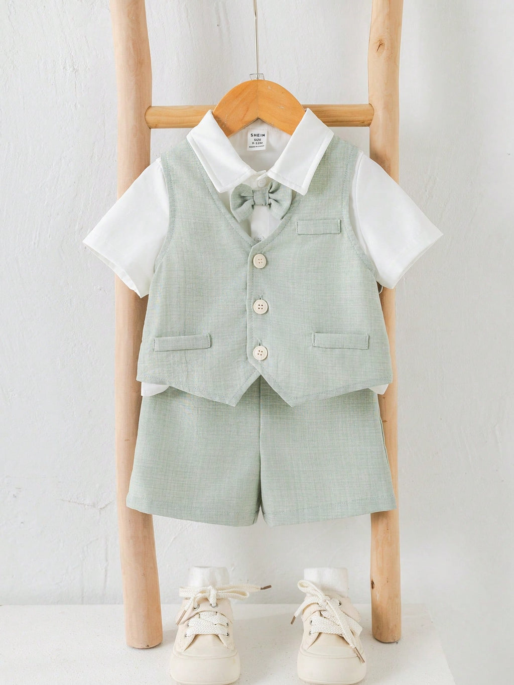 Ensemble trois pièces de costume de gentleman d'été SHEIN pour bébé garçon, vert sauge et bleu