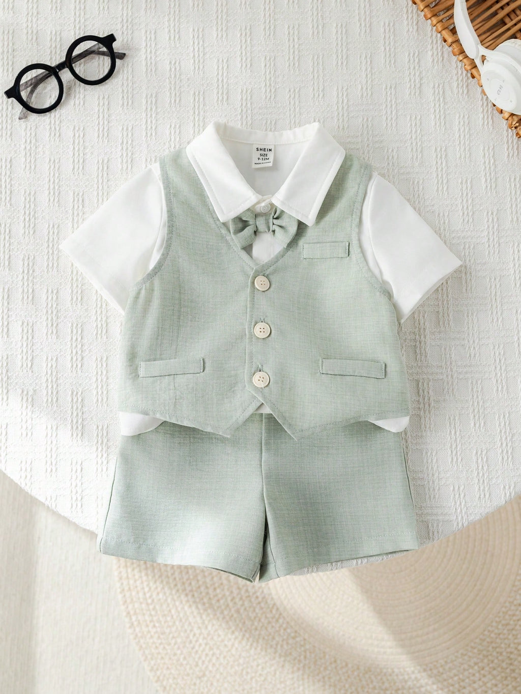 Ensemble trois pièces de costume de gentleman d'été SHEIN pour bébé garçon, vert sauge et bleu