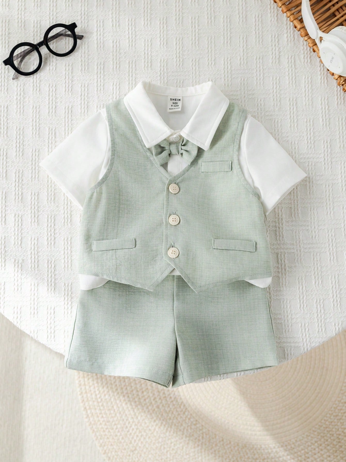 Ensemble trois pièces de costume de gentleman d'été SHEIN pour bébé garçon, vert sauge et bleu