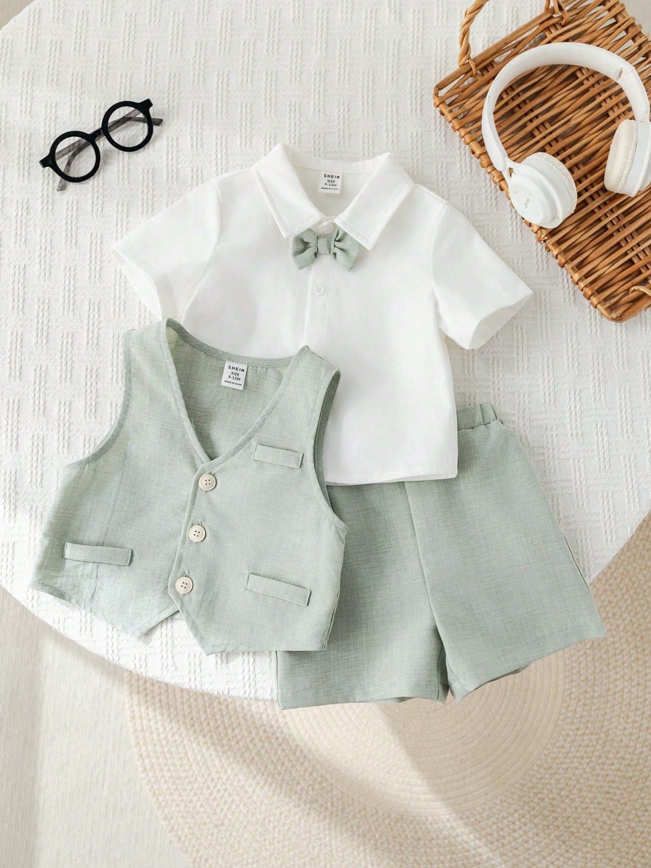 Ensemble trois pièces de costume de gentleman d'été SHEIN pour bébé garçon, vert sauge et bleu