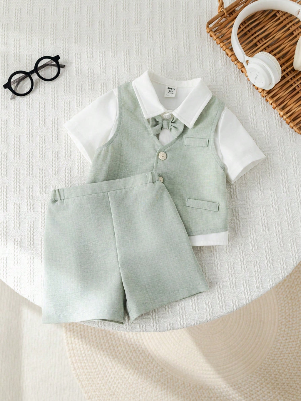 Ensemble trois pièces de costume de gentleman d'été SHEIN pour bébé garçon, vert sauge et bleu
