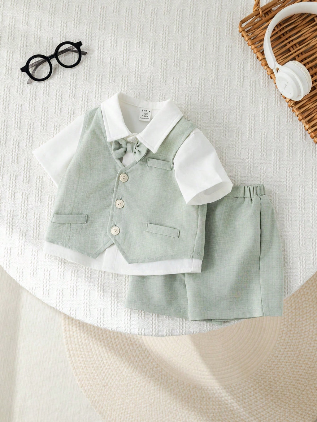 Ensemble trois pièces de costume de gentleman d'été SHEIN pour bébé garçon, vert sauge et bleu