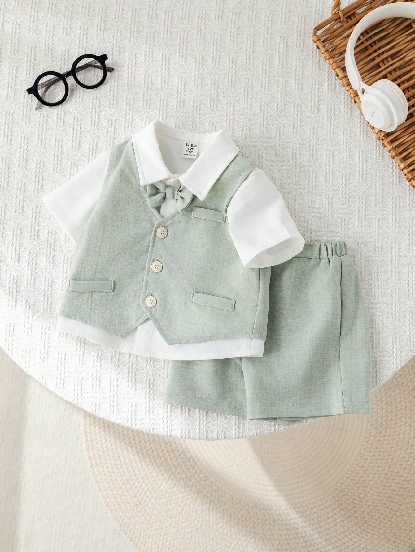 Ensemble trois pièces de costume de gentleman d'été SHEIN pour bébé garçon, vert sauge et bleu