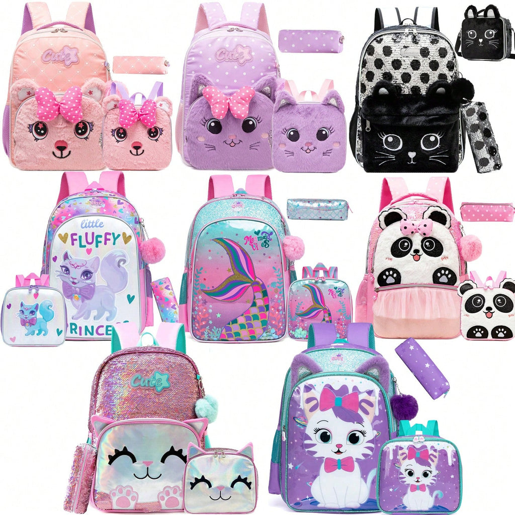 3-Piece Animal Pattern Girls Backpack Set, Includes Crossbody Bag And Pencil Case