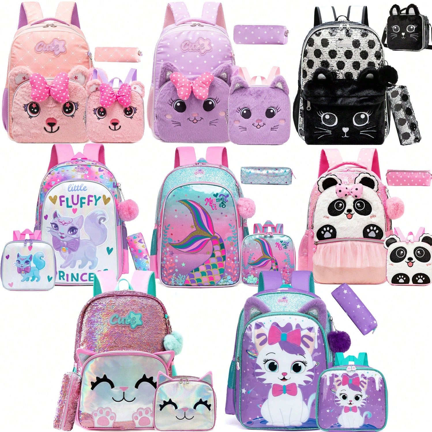 3-Piece Animal Pattern Girls Backpack Set, Includes Crossbody Bag And Pencil Case