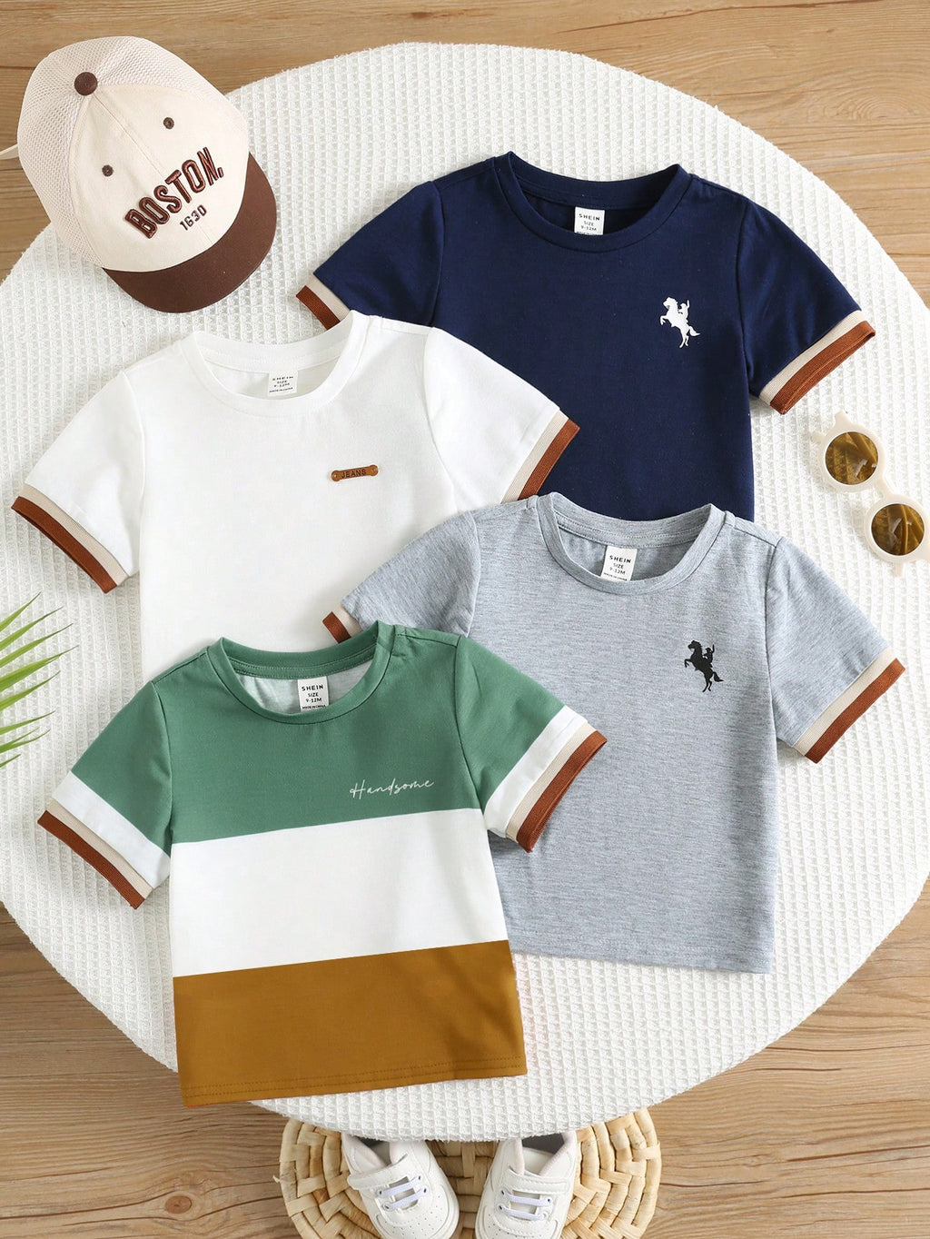 Colorblock Cuff Short Sleeve T-Shirts 4 Pieces Set Khaki