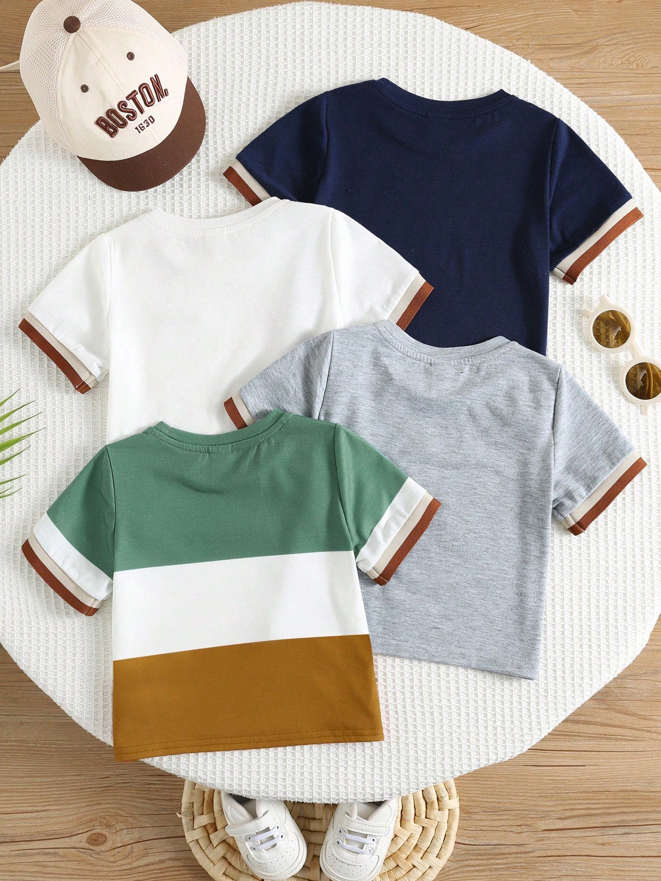 Colorblock Cuff Short Sleeve T-Shirts 4 Pieces Set Khaki