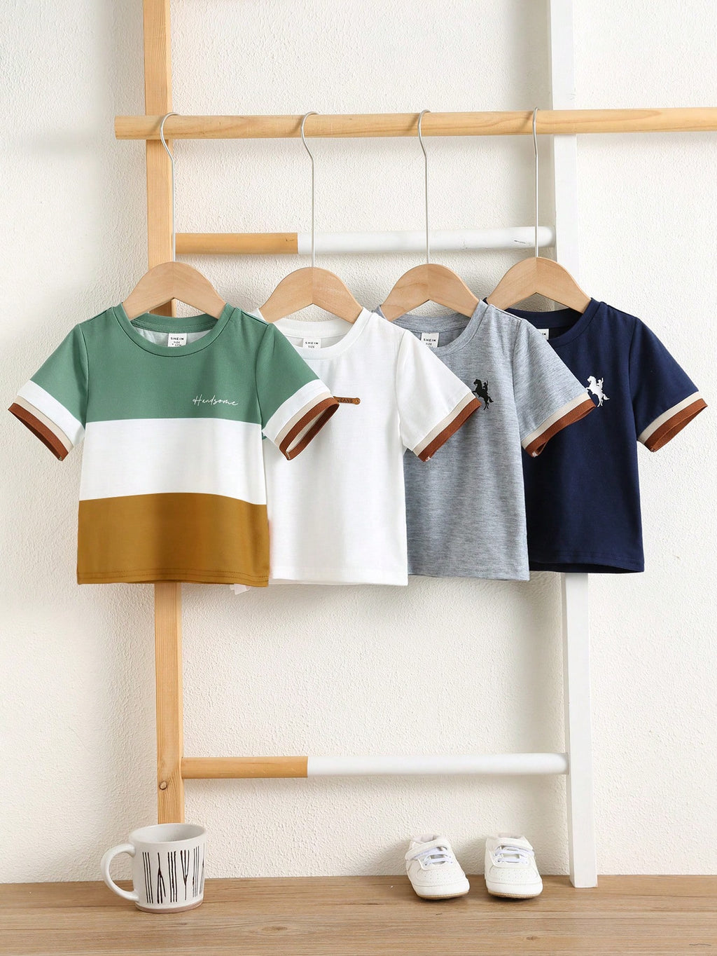 Colorblock Cuff Short Sleeve T-Shirts 4 Pieces Set Khaki