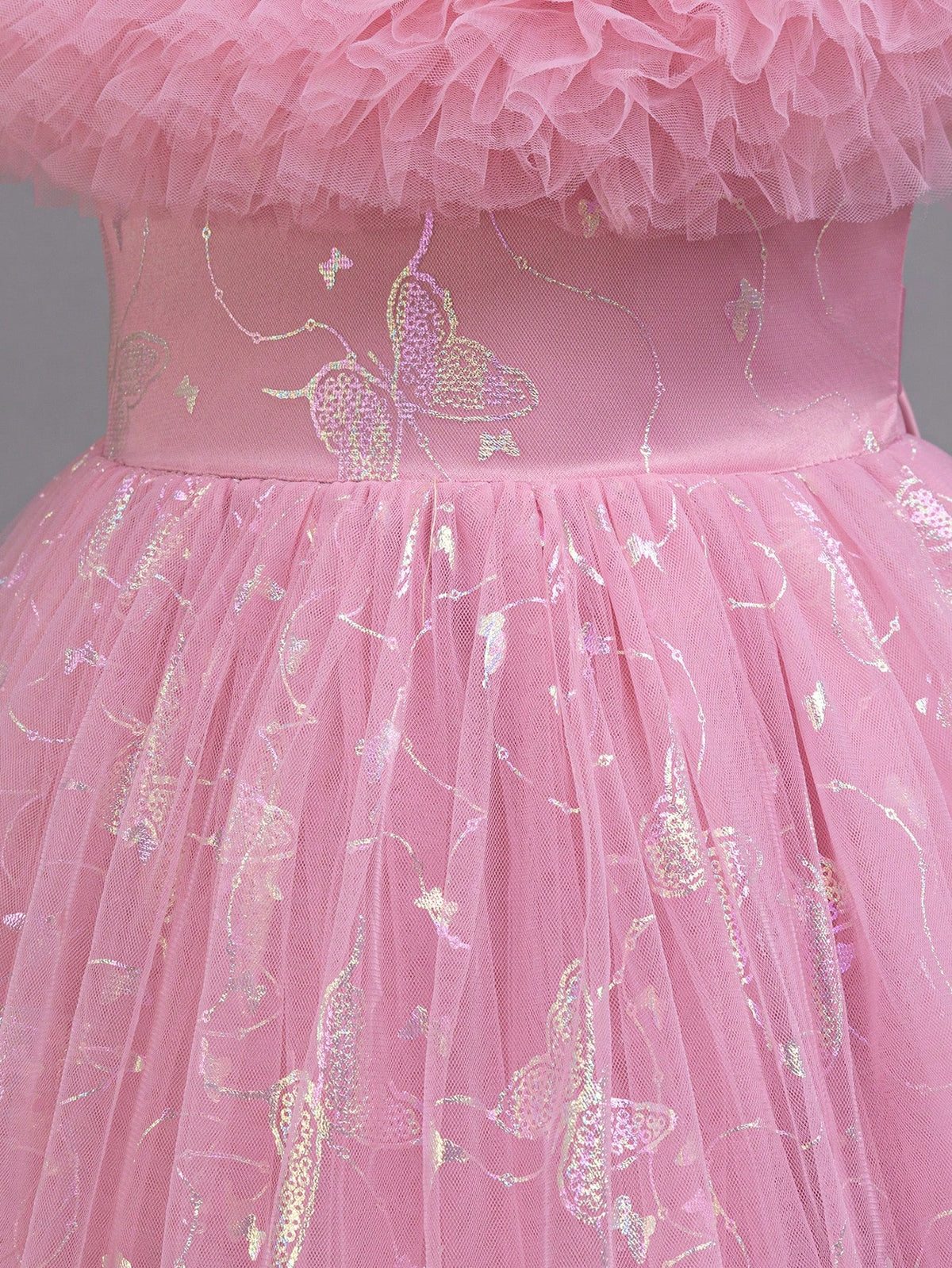 Glitter Puff Mesh Floral Print Party Dress For Young Girls Princess