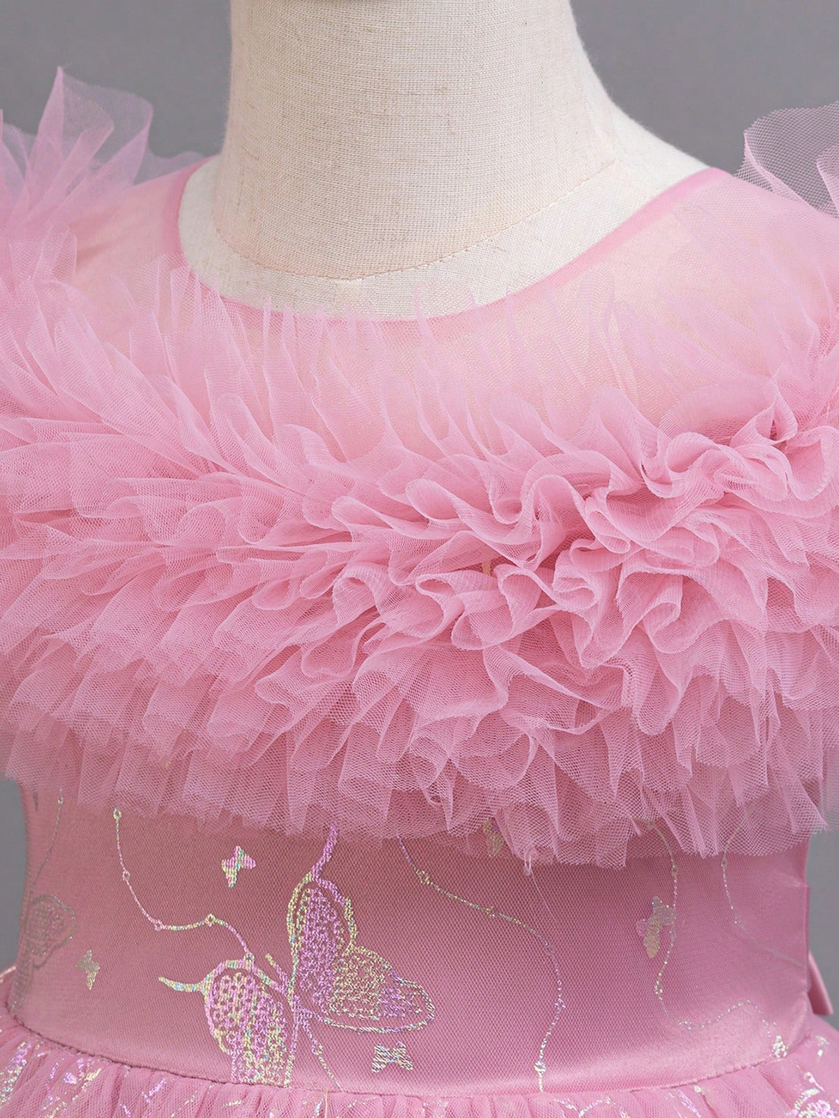 Glitter Puff Mesh Floral Print Party Dress For Young Girls Princess