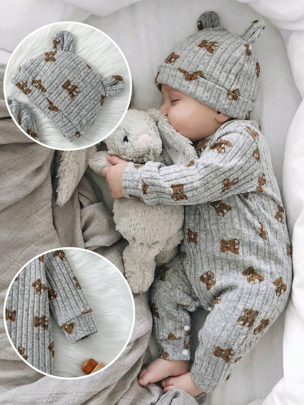 Unisex Baby Brown Ribbed Romper Bear Hat Set Light Grey