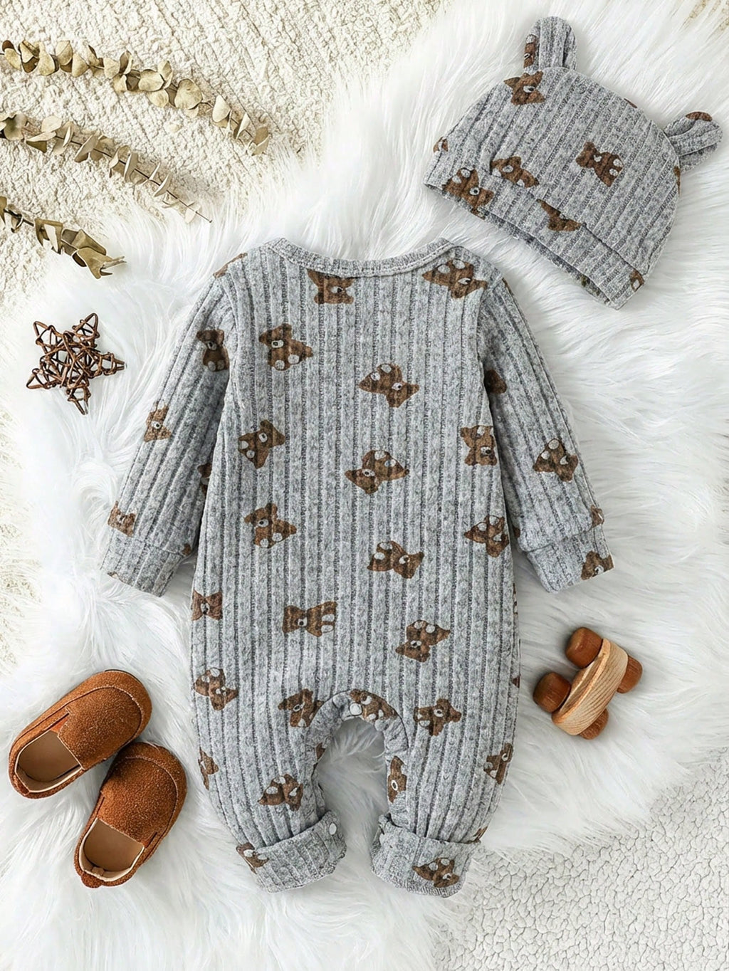 Unisex Baby Brown Ribbed Romper Bear Hat Set Light Grey