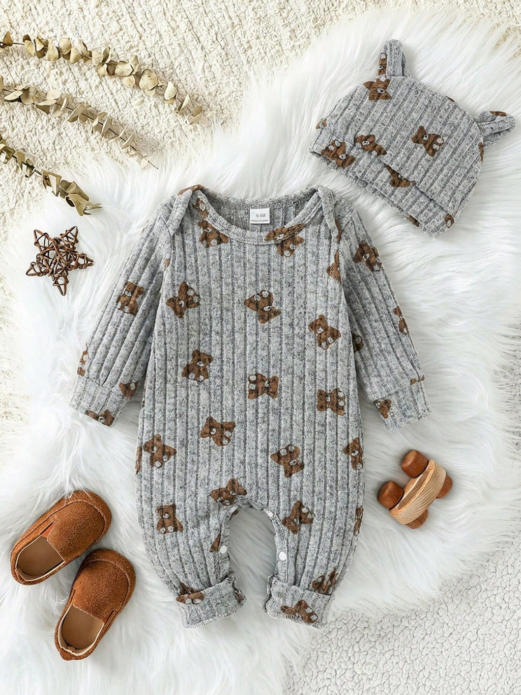 Unisex Baby Brown Ribbed Romper Bear Hat Set Light Grey
