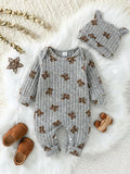 Unisex Baby Brown Ribbed Romper Bear Hat Set Light Grey