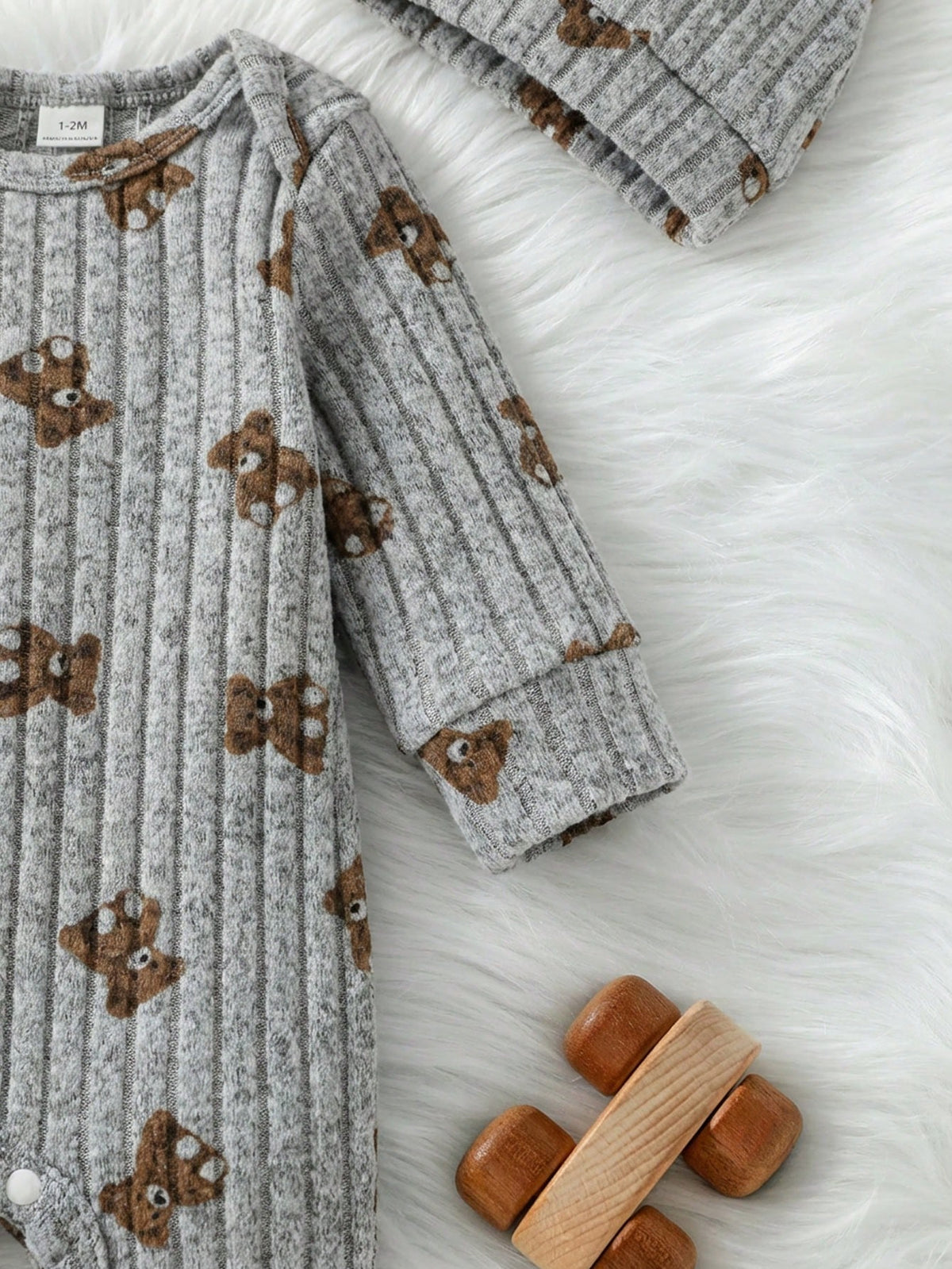 Unisex Baby Brown Ribbed Romper Bear Hat Set Light Grey