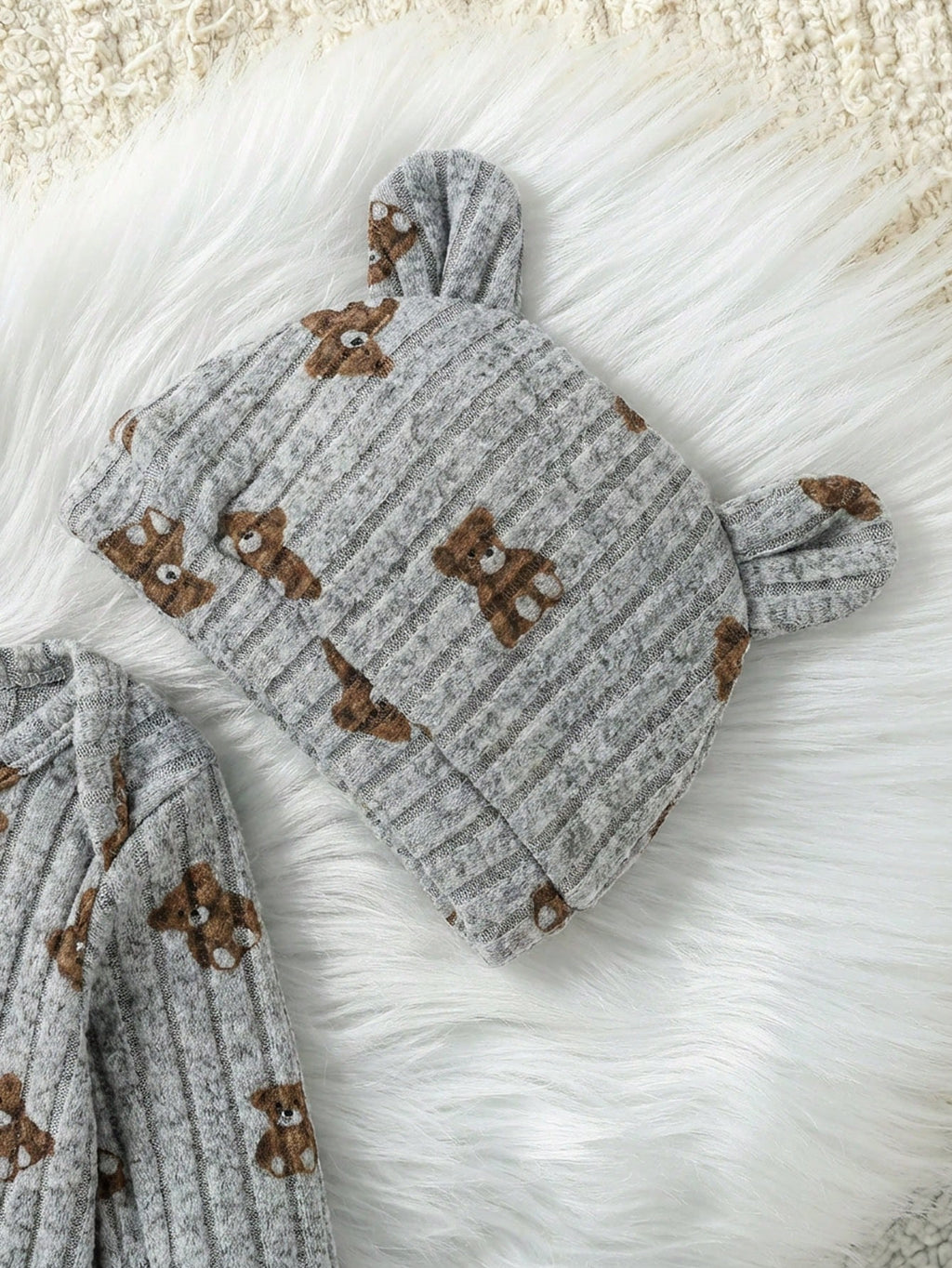 Unisex Baby Brown Ribbed Romper Bear Hat Set Light Grey