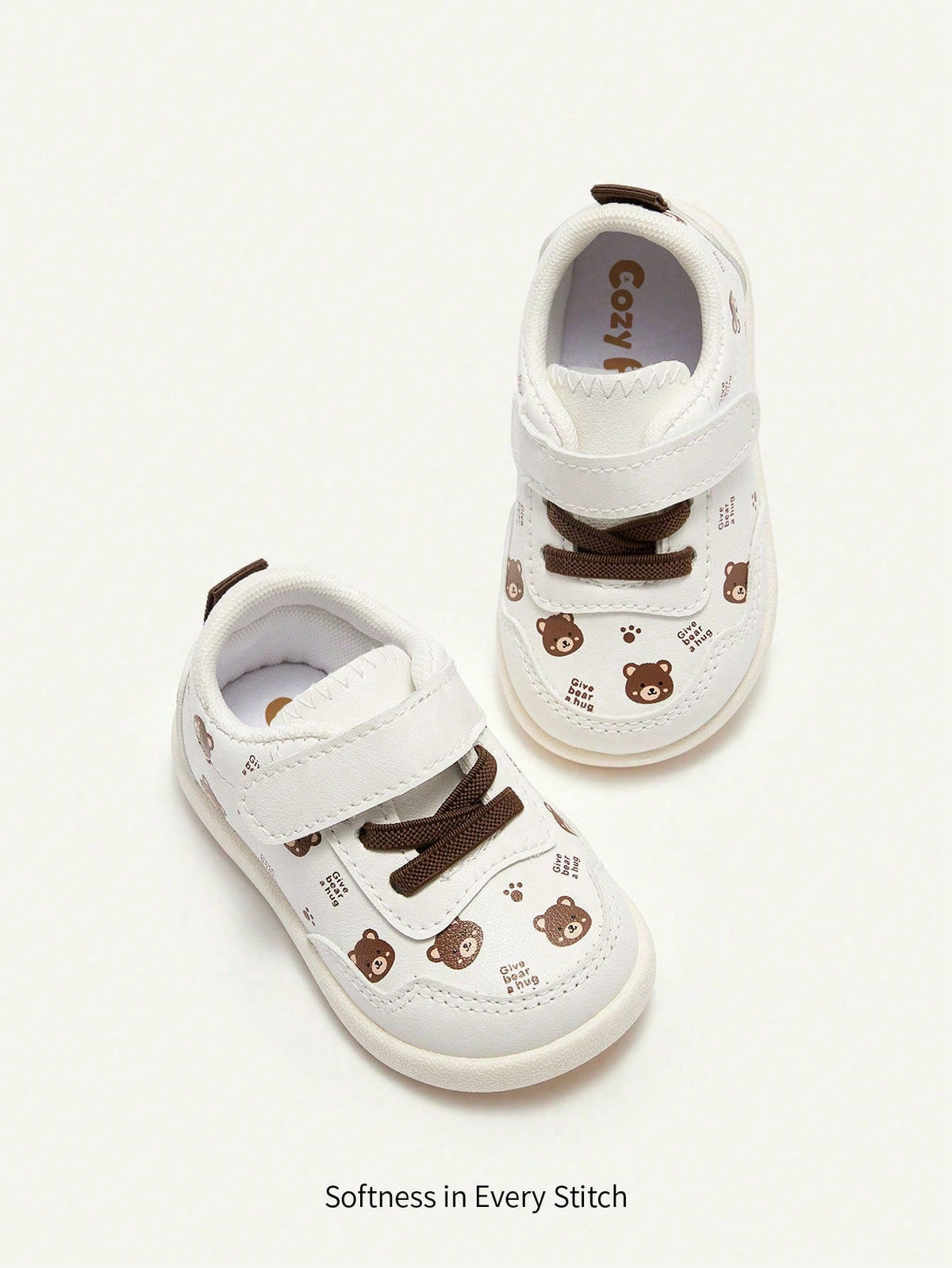 Cozy Pixies Boys' White Cartoon Bear Casual Sneakers White