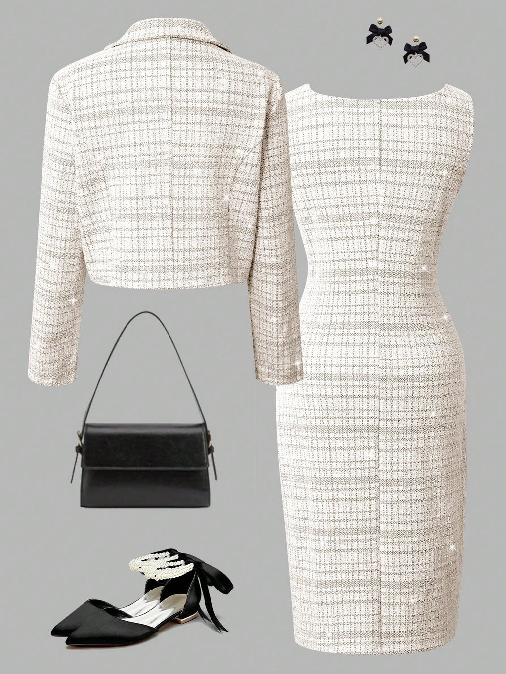 SHEIN 2pcs Girls Elegant Tweed Short Blazer Jacket + Sleeveless Fitted Dress Suit Set, Stylish Outfit For Spring & Autumn Coffee Brown