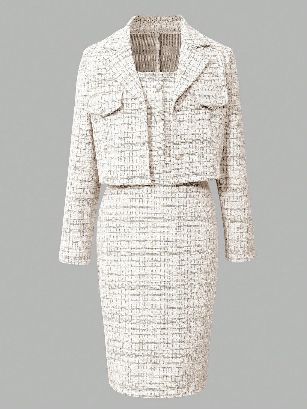 SHEIN 2pcs Girls Elegant Tweed Short Blazer Jacket + Sleeveless Fitted Dress Suit Set, Stylish Outfit For Spring & Autumn Coffee Brown