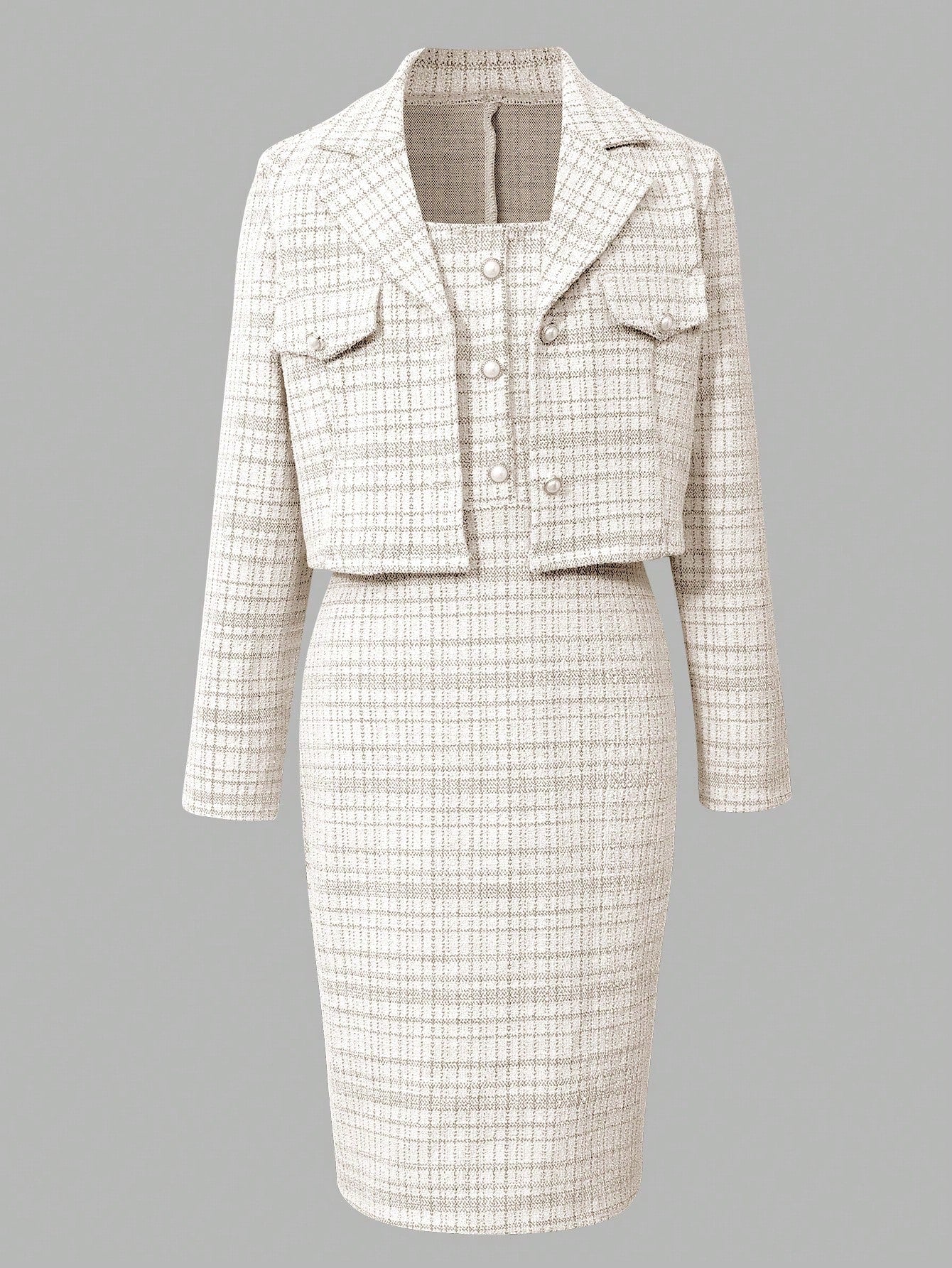 SHEIN 2pcs Girls Elegant Tweed Short Blazer Jacket + Sleeveless Fitted Dress Suit Set, Stylish Outfit For Spring & Autumn Coffee Brown
