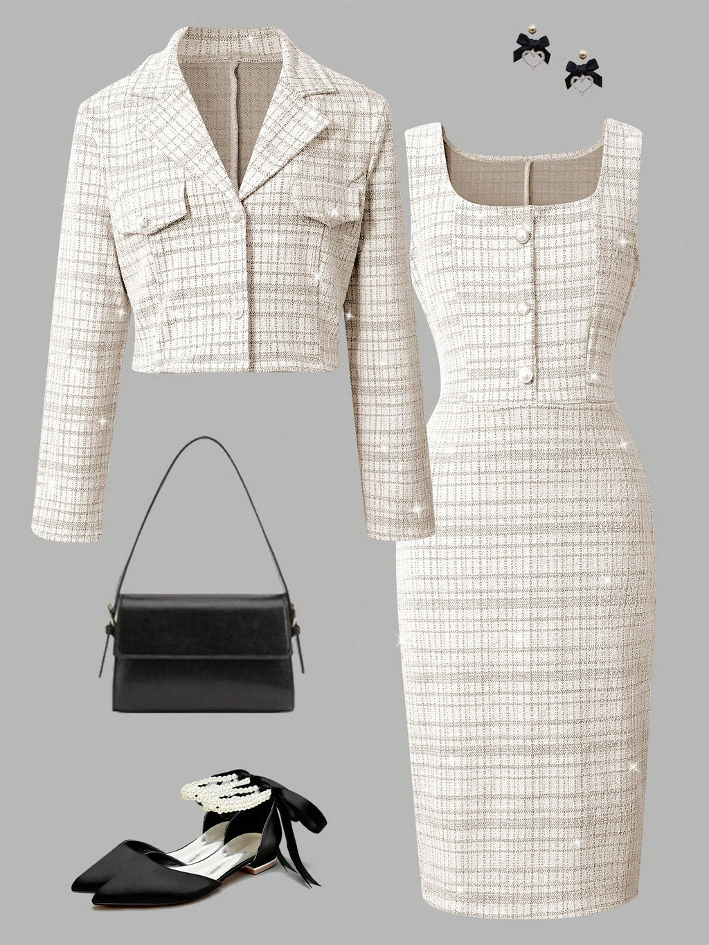 SHEIN 2pcs Girls Elegant Tweed Short Blazer Jacket + Sleeveless Fitted Dress Suit Set, Stylish Outfit For Spring & Autumn Coffee Brown
