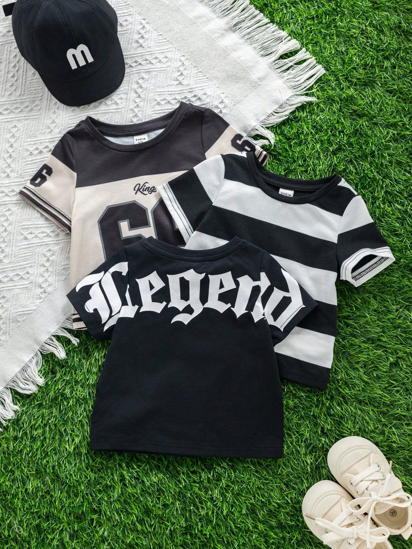 Cute Cartoon & Striped Short Sleeve T-Shirts 3 Pieces Set