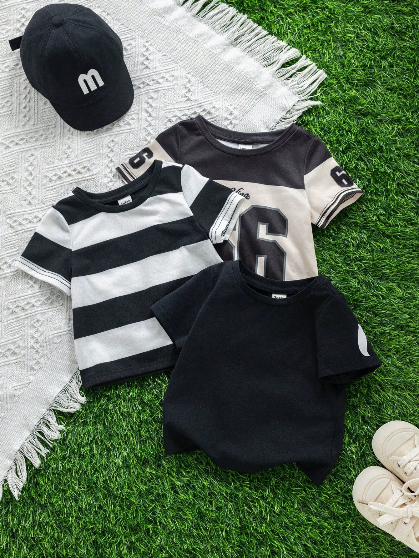 Cute Cartoon & Striped Short Sleeve T-Shirts 3 Pieces Set