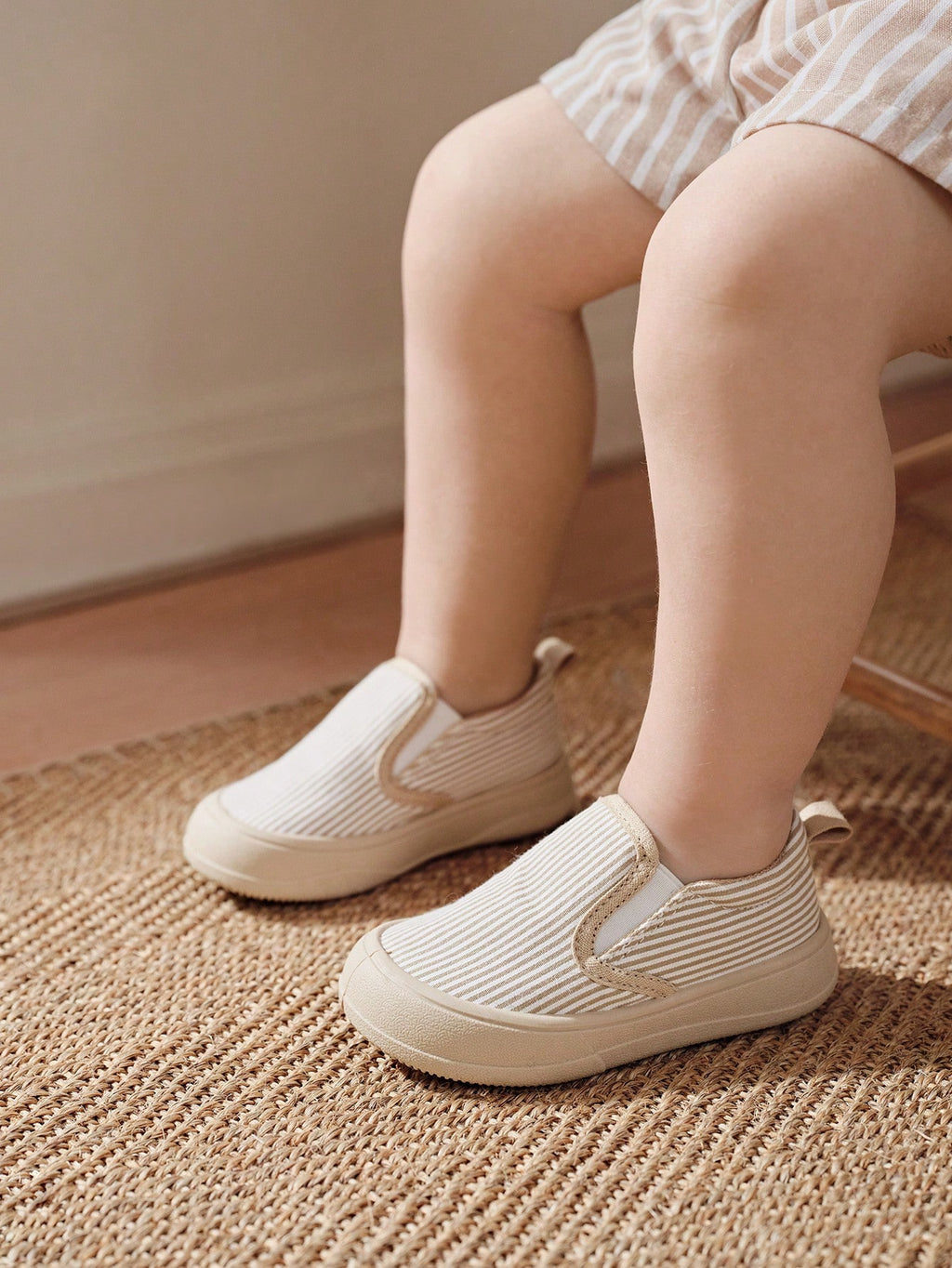 Cozy Pixies Baby Sneakers Khaki Striped Slip-On Comfortable Casual Socks, Daily Wear, Outdoor Sports