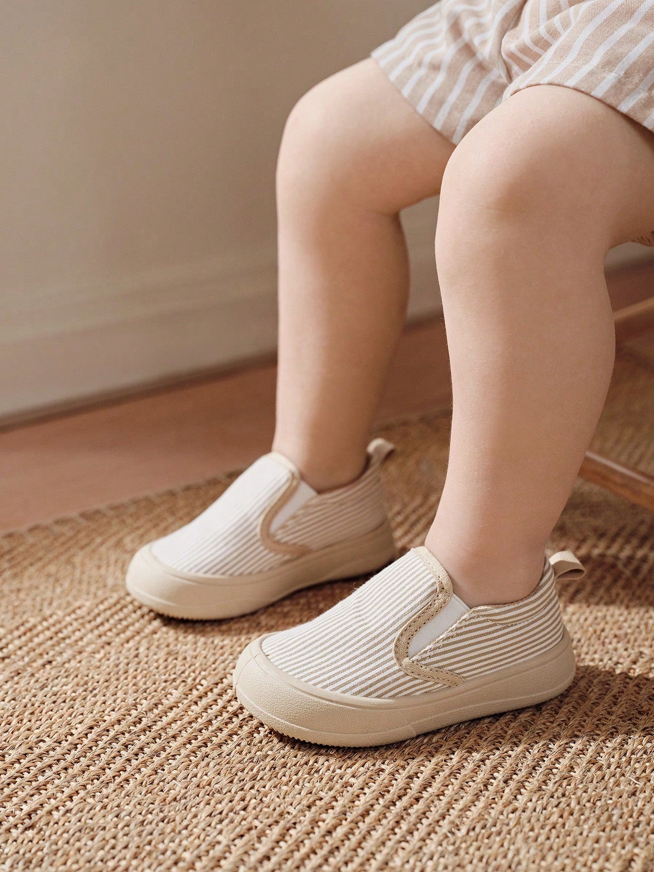 Cozy Pixies Baby Sneakers Khaki Striped Slip-On Comfortable Casual Socks, Daily Wear, Outdoor Sports