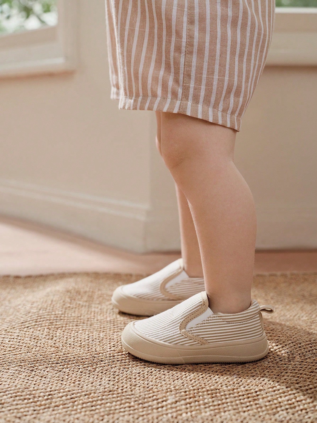 Cozy Pixies Baby Sneakers Khaki Striped Slip-On Comfortable Casual Socks, Daily Wear, Outdoor Sports