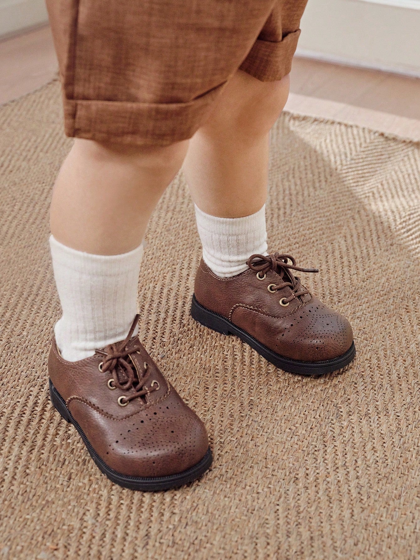 Cozy Pixies Toddler Boys' Black Hollow-Out Soft-Sole Oxford Shoes for Weddings Camel