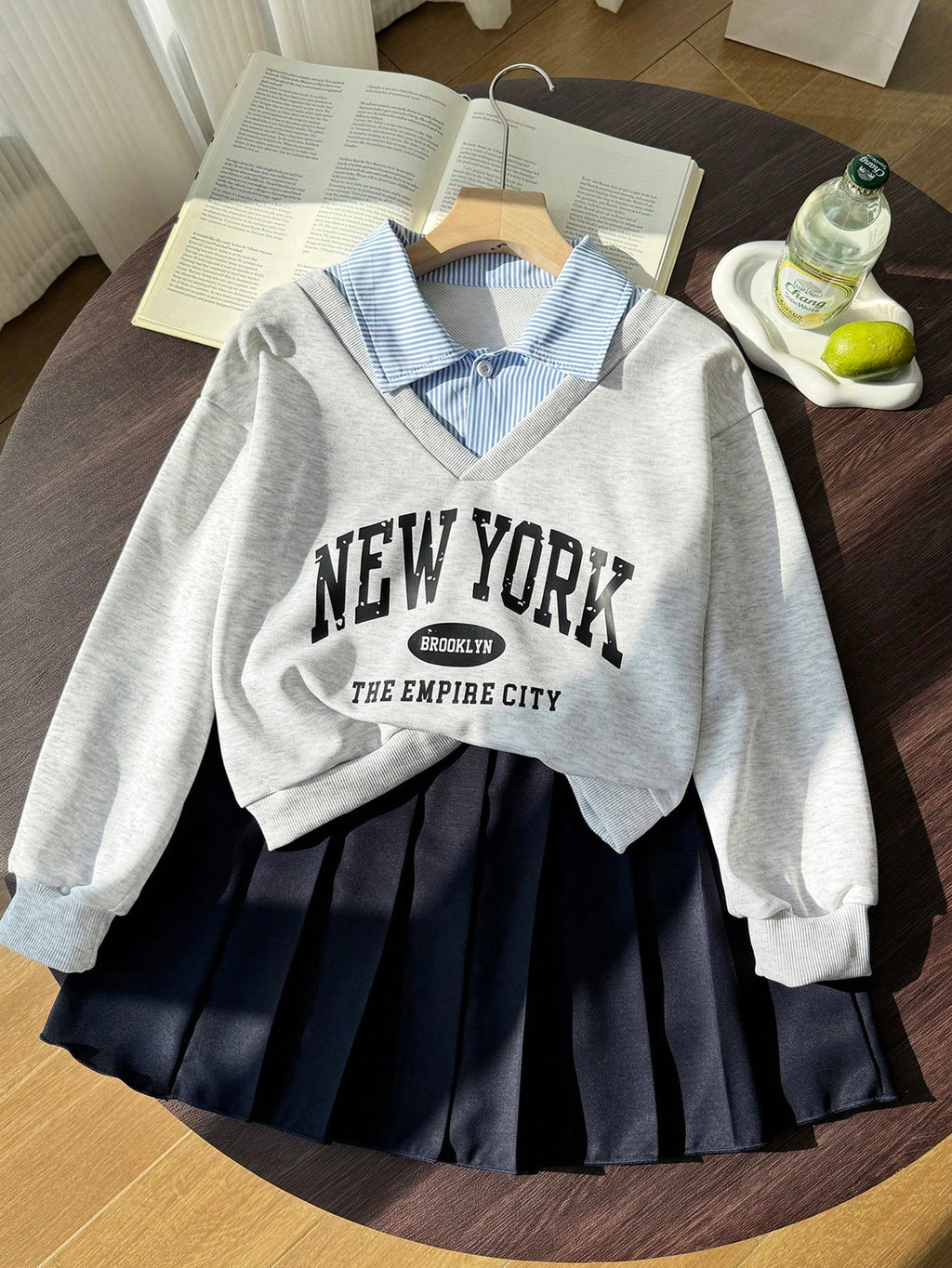 SHEIN Girls Fashionable Loose Casual Collared Top + Striped Plaid Versatile A-Line Skirt, School Style Multicolor