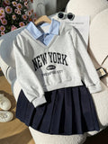 SHEIN Girls Fashionable Loose Casual Collared Top + Striped Plaid Versatile A-Line Skirt, School Style Multicolor