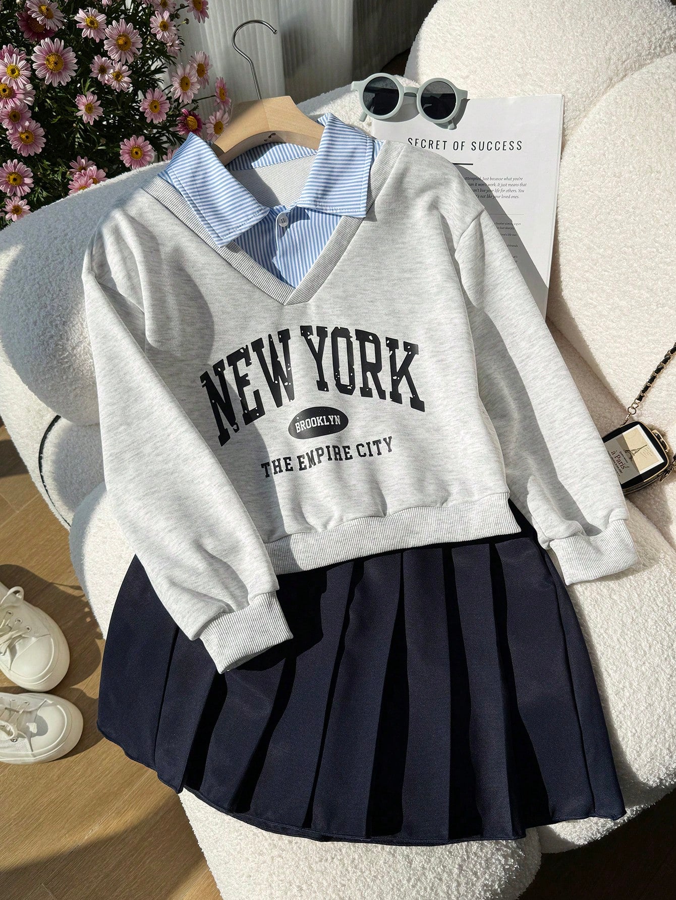 SHEIN Girls Fashionable Loose Casual Collared Top + Striped Plaid Versatile A-Line Skirt, School Style Multicolor