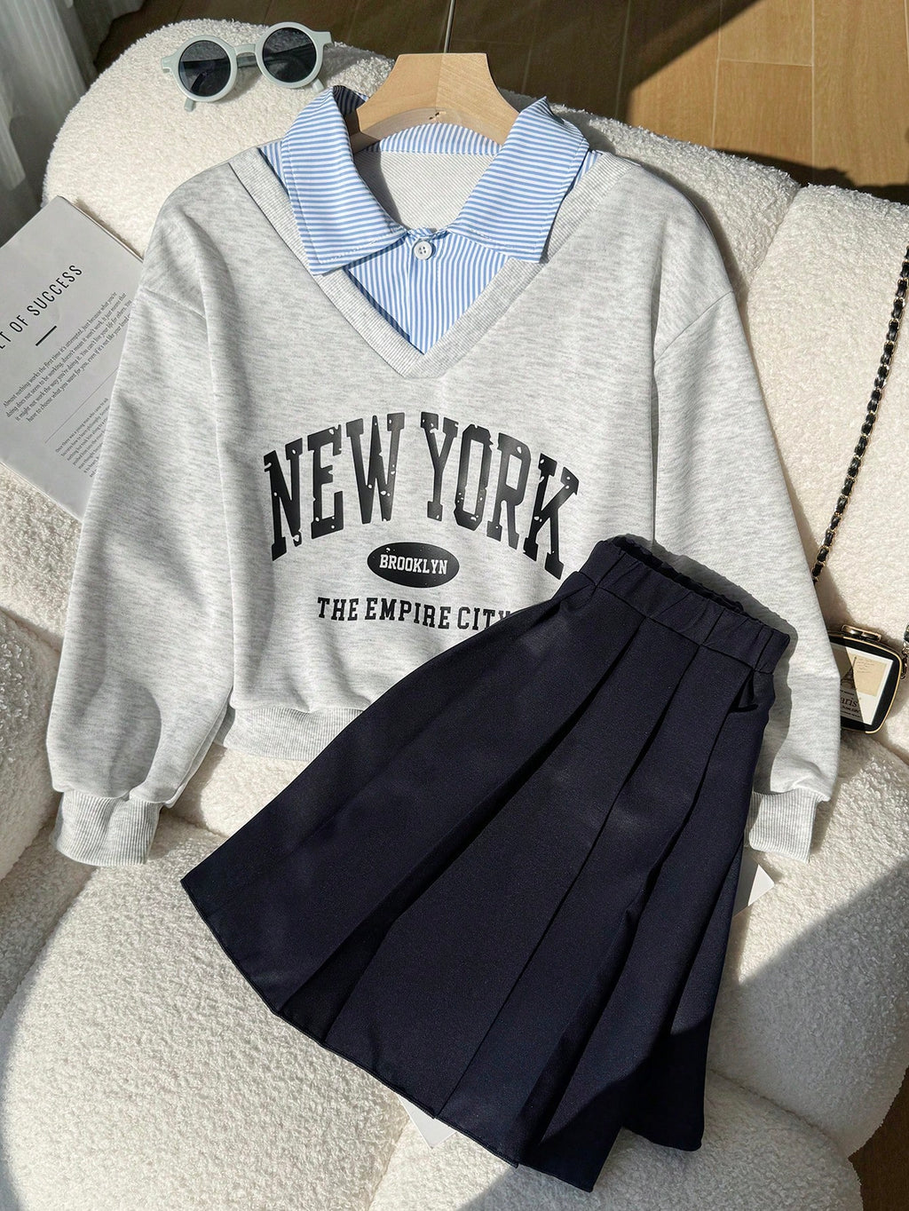 SHEIN Girls Fashionable Loose Casual Collared Top + Striped Plaid Versatile A-Line Skirt, School Style Multicolor
