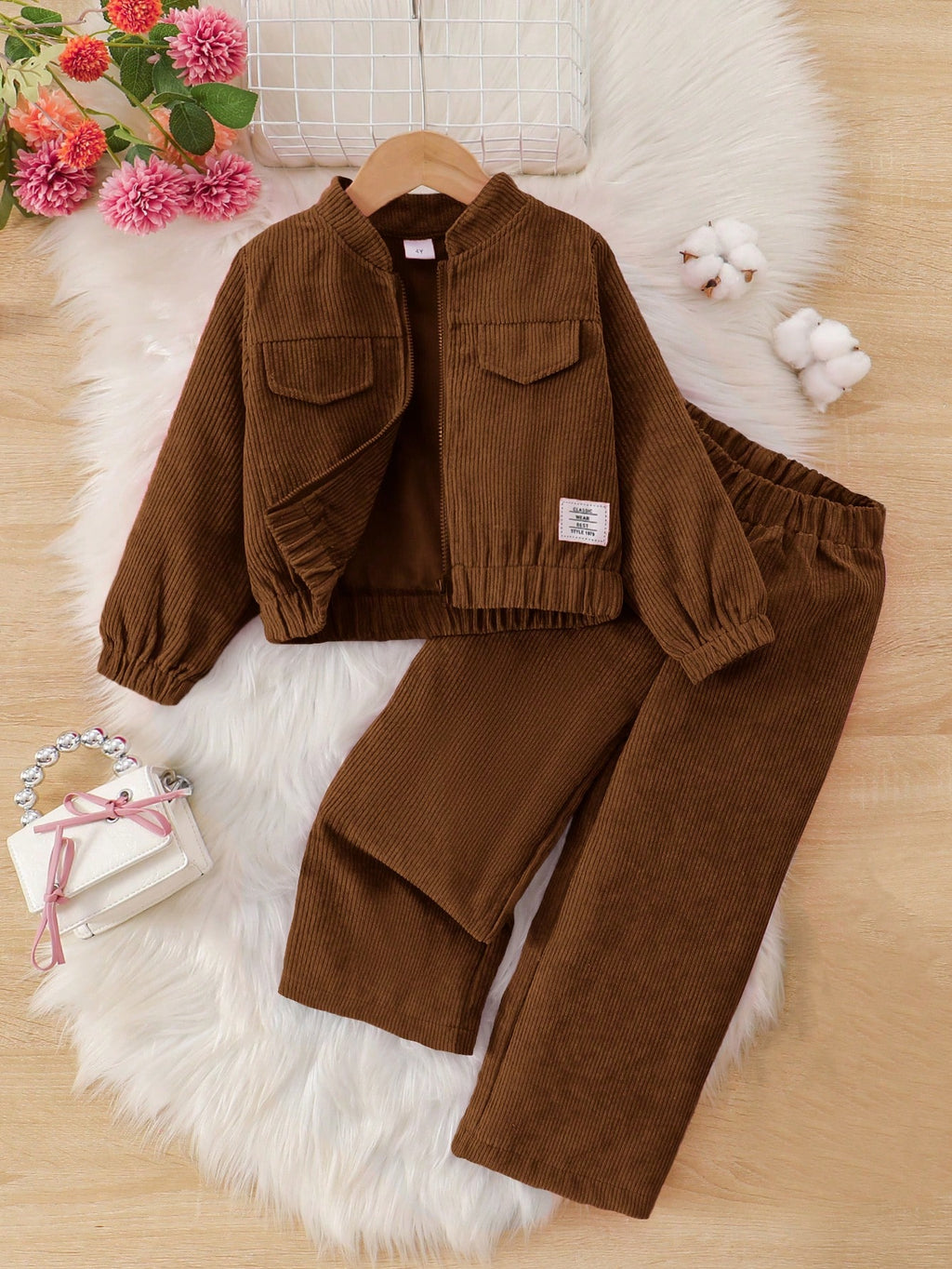 Girls Solid Color Corduroy Jacket And Pants Set